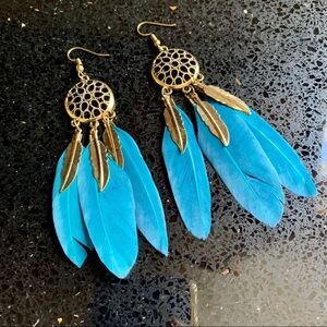 Dream Catcher With Turquoise Feathers Earrings